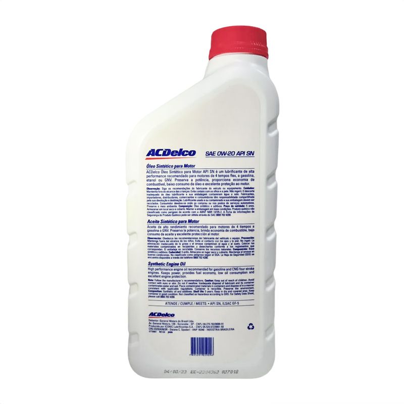 Óleo de Motor 0W-20 Sintético ACDelco API SN - Frasco de 1L