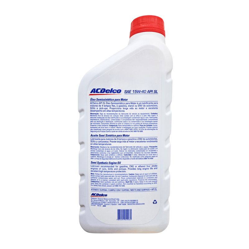 Óleo de Motor 15W-40 Semissintético ACDelco API SL - Frasco de 1L