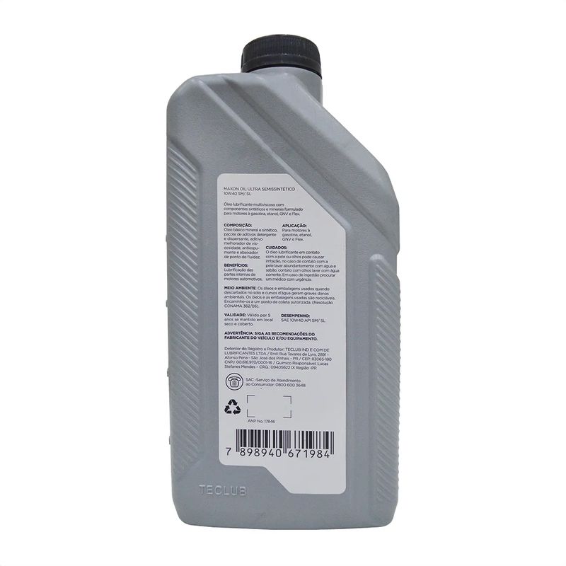 Óleo de Motor 10W-40 Semissintético Maxon Oil Ultra API SM - Frasco de 1L